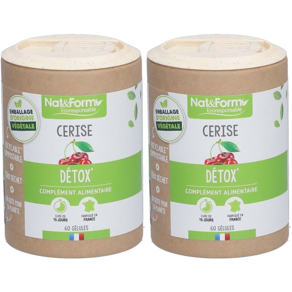 Zwei zylindrische Behälter mit Deckel. Aufschrift: Nat&Form Cerise, D
Étox, complément alimentaire. 60 Gélules. Verpackung aus Pflanzenmaterial.
