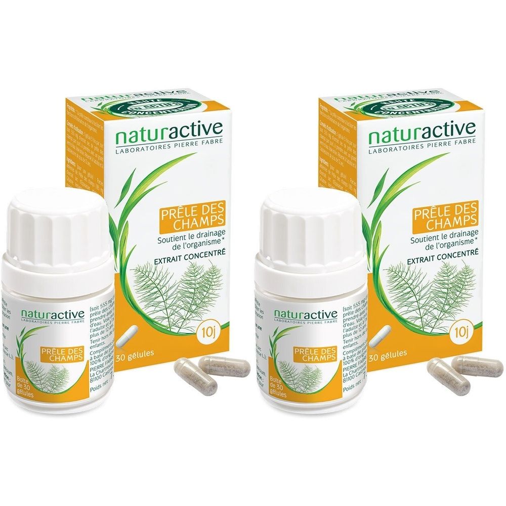 Deux flacons et boîtes de gélules. Inscription : naturactive Prêle des Champs. Emballage jaune et blanc.
