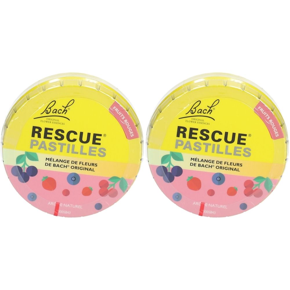 Zwei runde Pastillen-Dosen mit gelbem Deckel. Aufschrift: RESCUE PASTILLES, Bach Original. Mit Früchte-Illustrationen.