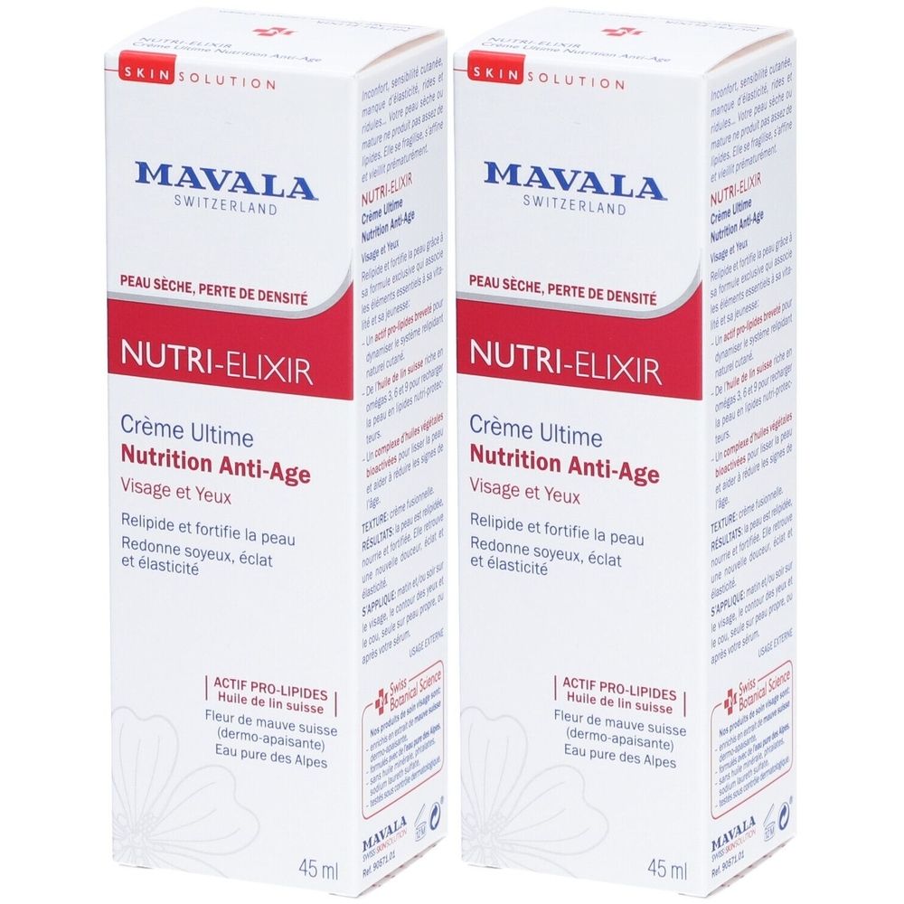 Deux boîtes blanches avec informations produit. Inscription: MAVALA NUTRI-ELIXIR Crème Ultime Nutrition Anti-Age. 45 ml.