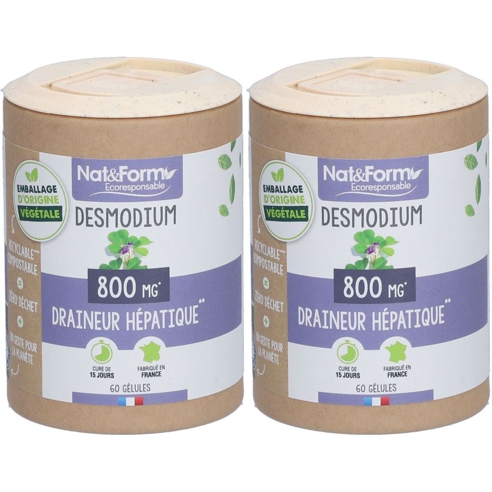 Zwei zylindrische Behälter mit Deckel. Aufschrift: Nat&Form Desmodium, 800 mg, Draineur Hépatique. Verpackung aus Pflanzenmaterial, 60 Kapseln.