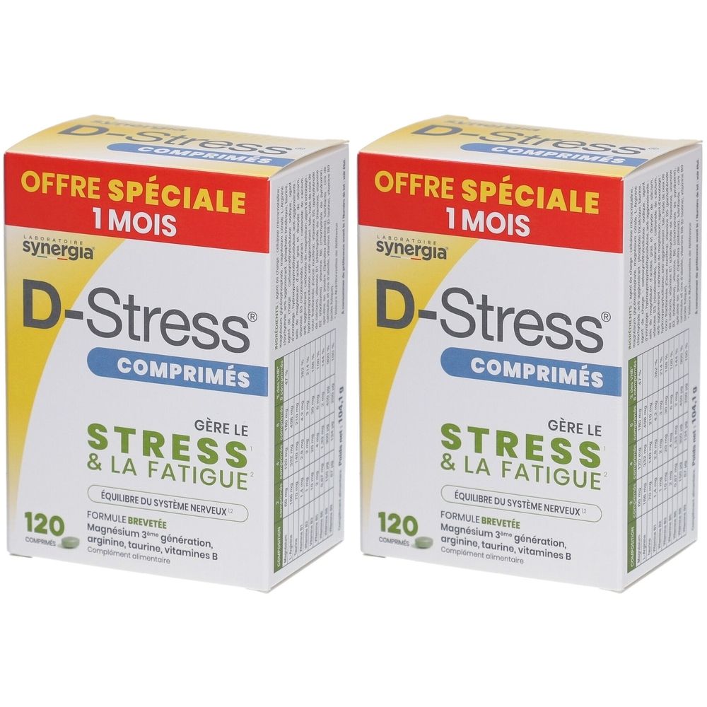 Deux boîtes de D-Stress comprimés. Inscription: Offre Spéciale 1 Mois. Contient 120 comprimés. Inscription: Gère le Stress & la Fatigue.