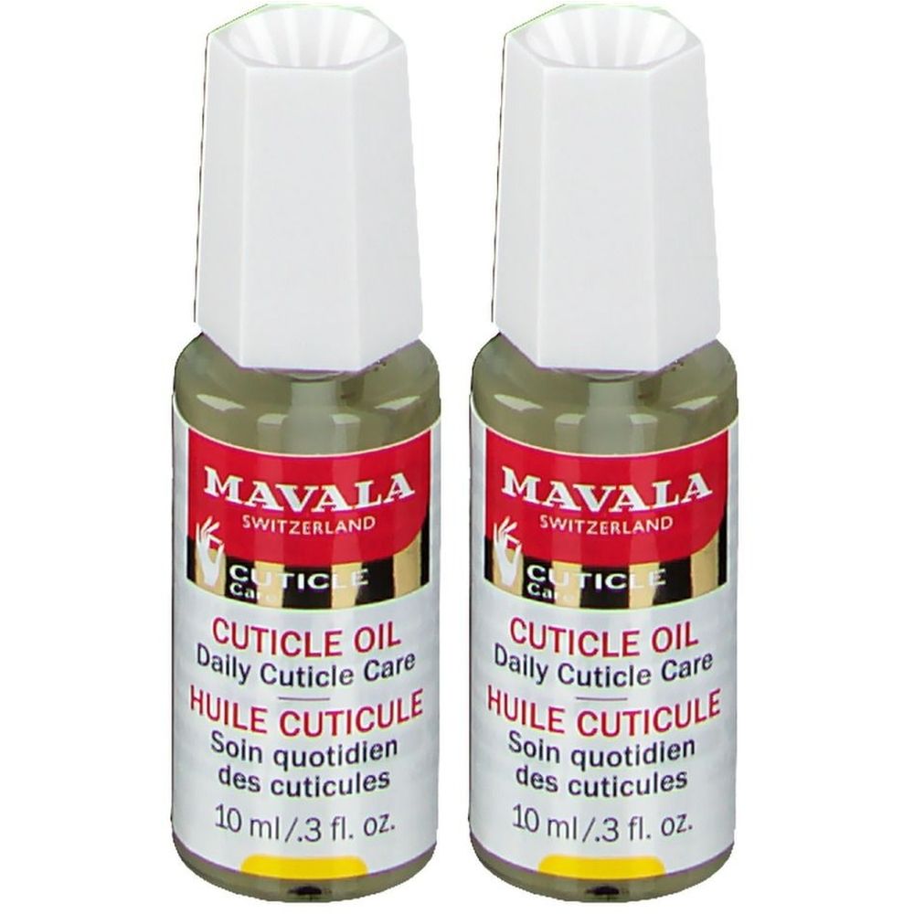 Deux flacons d'Huile pour cuticules MAVALA. Bouchons blancs, étiquettes rouges et blanches avec informations. 10 ml.
