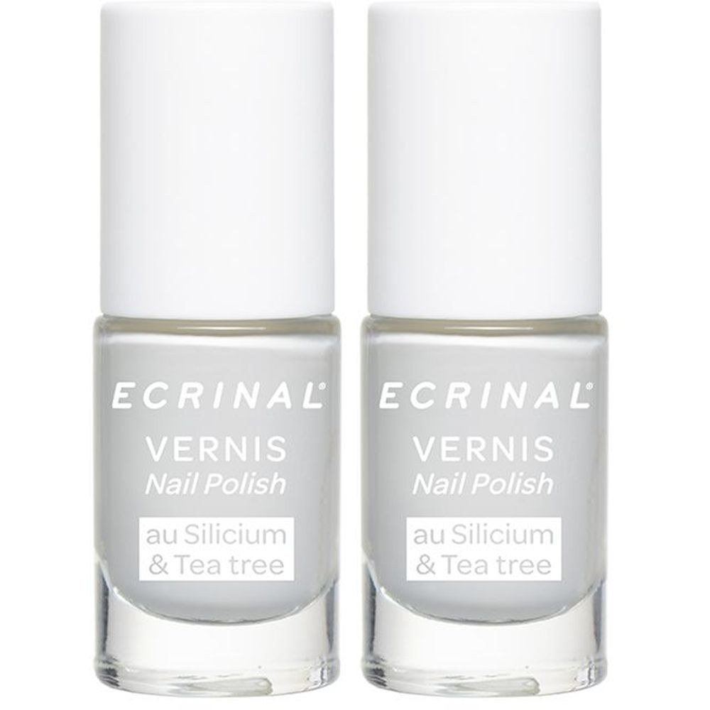 Deux flacons de vernis à ongles. Inscription: ECRINAL, Vernis, Nail Polish, au Silicium & Tea tree. Bouchon blanc, vernis gris.