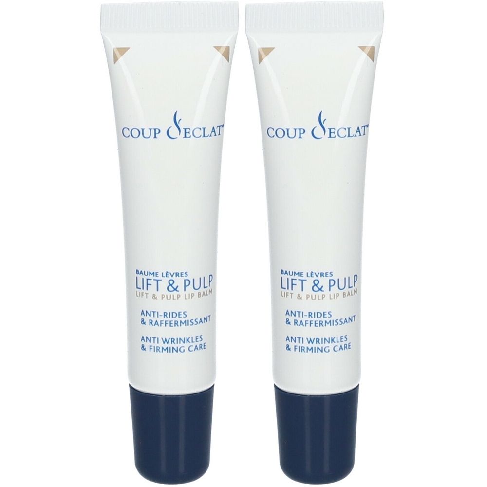 Zwei Tuben Lippenbalsam. Weiß mit blauer Kappe. Aufschrift: Coup d'Éclat, Lift & Pulp, Anti-Falten & Straffung.