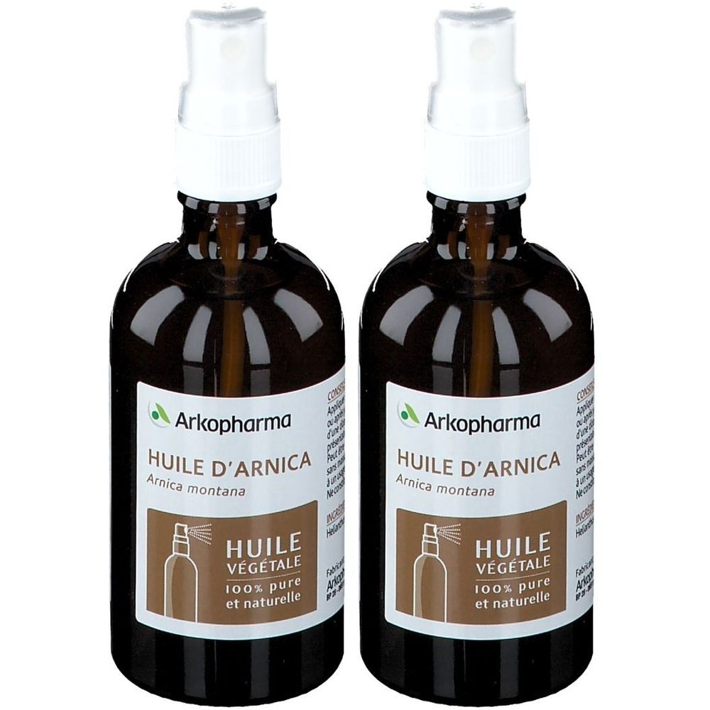 Zwei braune Glasflaschen mit Sprühkopf. Auf den Etiketten steht "HUILE D'ARNICA" und "Arkopharma".