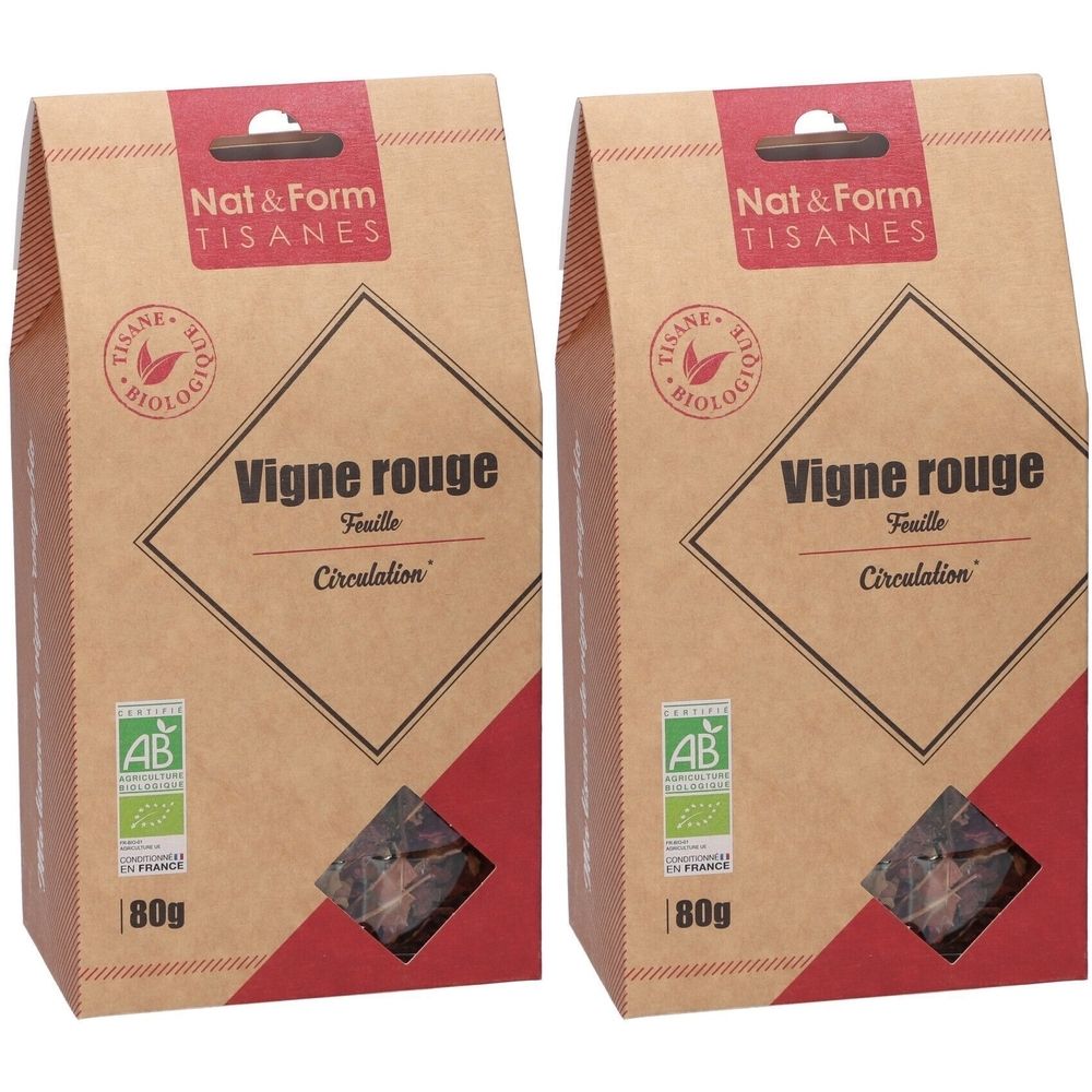 Zwei Beutel Kräutertee. Aufdruck: Vigne rouge, AB-Siegel, 80g. Marke: Nat & Form. Verpackung aus braunem Papier mit rotem Akzent.