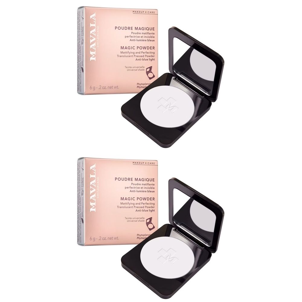 Deux poudriers avec miroir. Inscription : MAVALA, POUDRE MAGIQUE, MAGIC POWDER. Emballage rose, boîtier noir avec poudre blanche.