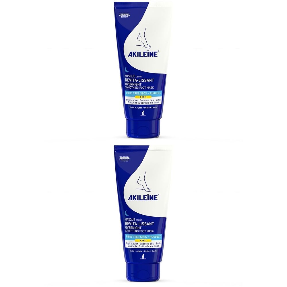 Zwei Tuben mit weiß-blauer Verpackung. Aufschrift: Akileïne Masque de Nuit Revita-Lissant. Fußmaske.