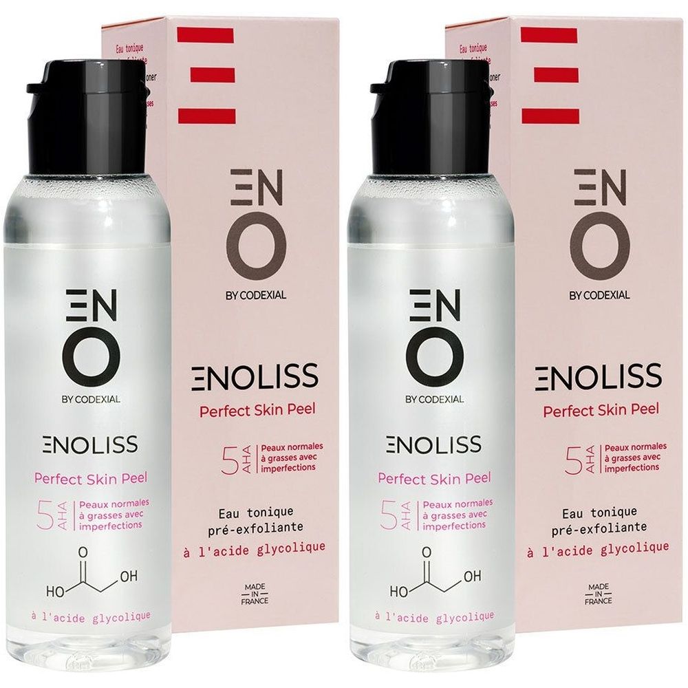 Zwei Flaschen mit schwarzem Deckel und rosa Verpackung. Aufschrift: ENOLISS Perfect Skin Peel, 5 AHA. Enthält Glykolsäure.