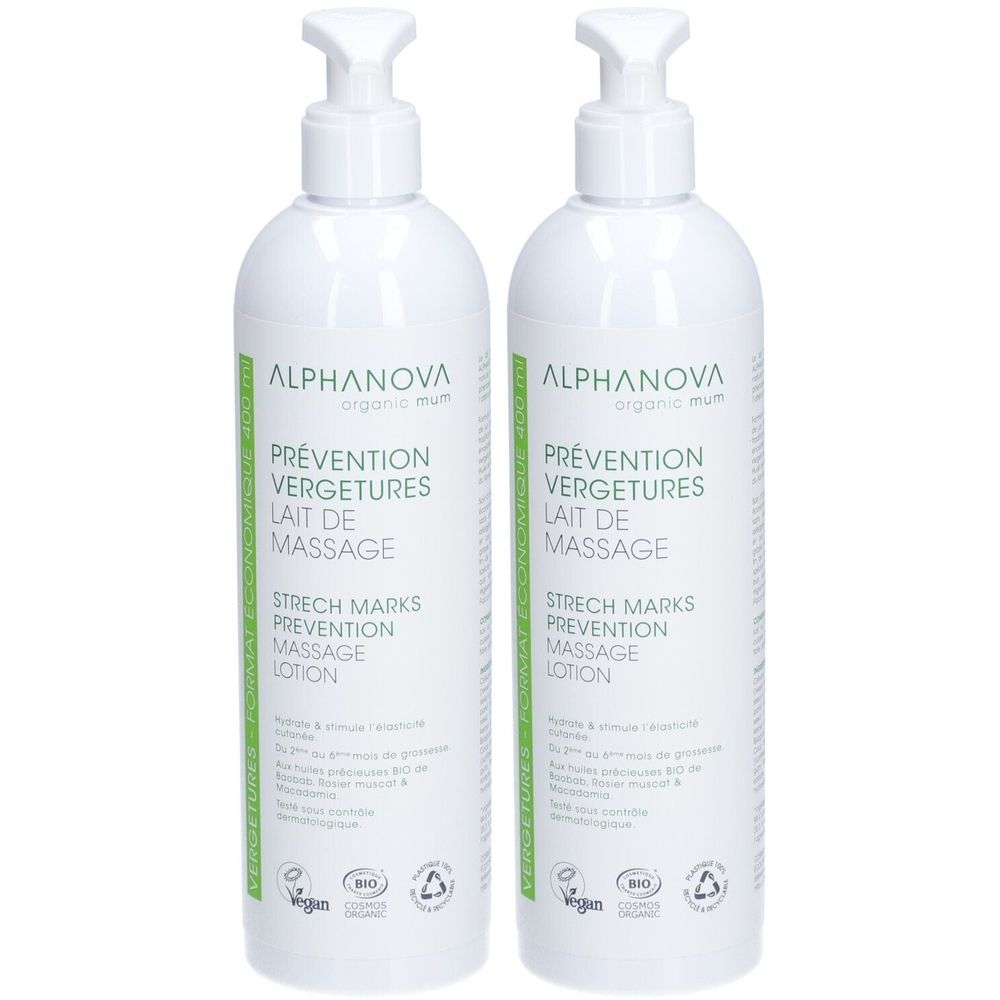 Deux flacons blancs avec pompe. Inscription: ALPHANOVA organic mum, Prévention Vergetures, Lait de Massage, Strech Marks Prevention Massage Lotion.