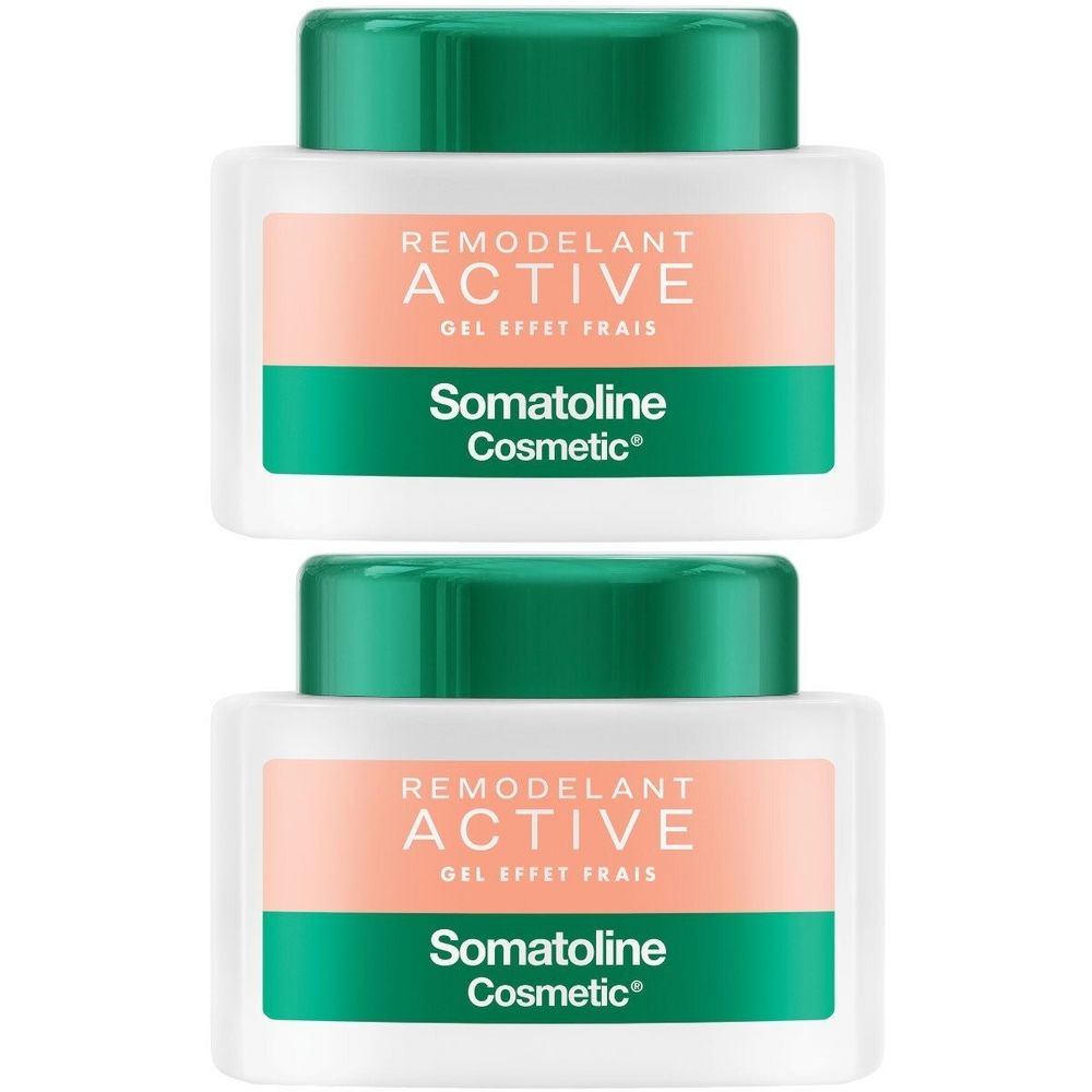 Deux pots blancs avec couvercles verts. Sur le devant, on lit "REMODELANT ACTIVE GEL EFFET FRAIS" et "Somatoline Cosmetic".