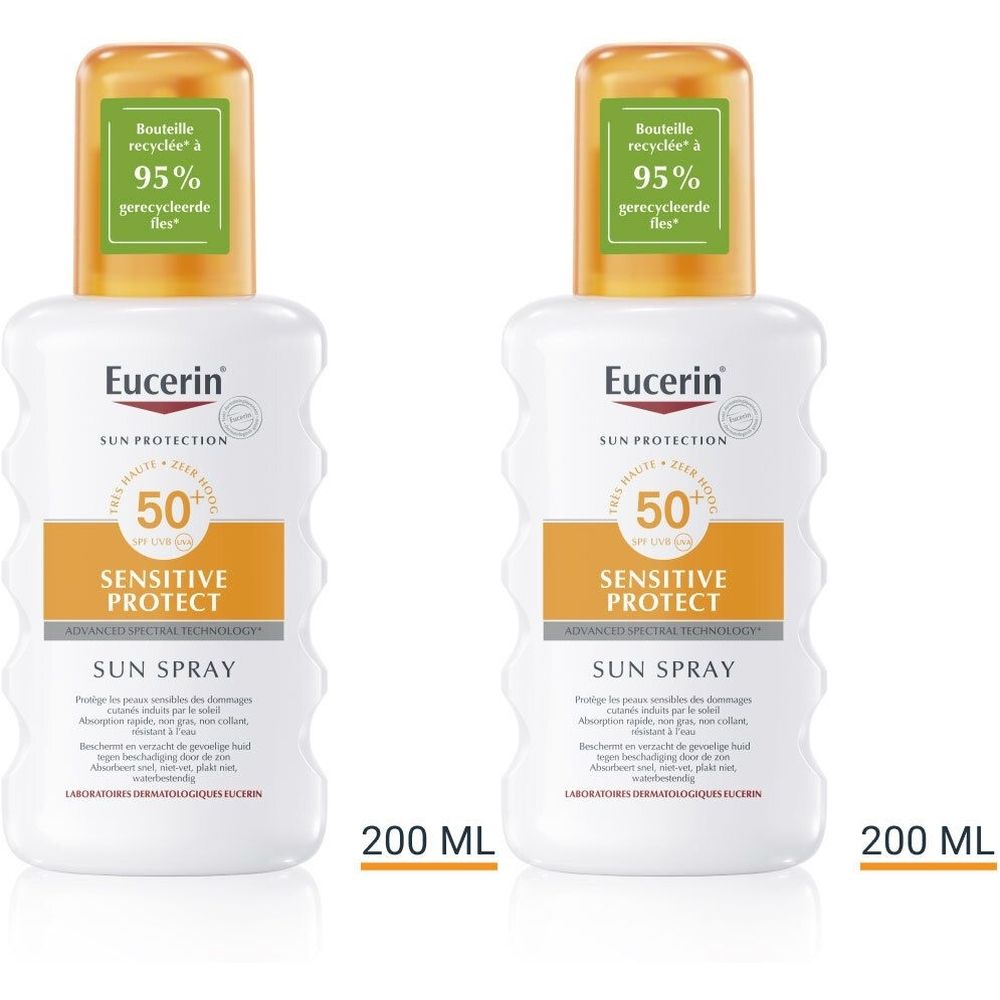 Deux flacons spray blancs avec détails orange. Inscription: Eucerin Sun Sensitive Protect SPF 50+. 200 ml.