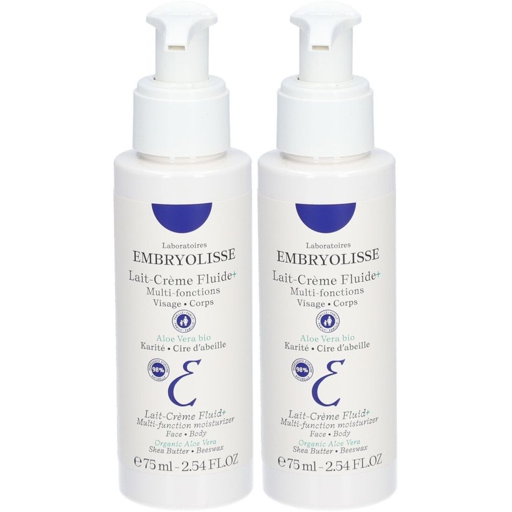 Deux flacons blancs avec pompe. Inscription: Embryolisse Lait-Crème Fluide+. Texte en français et anglais. 75 ml.