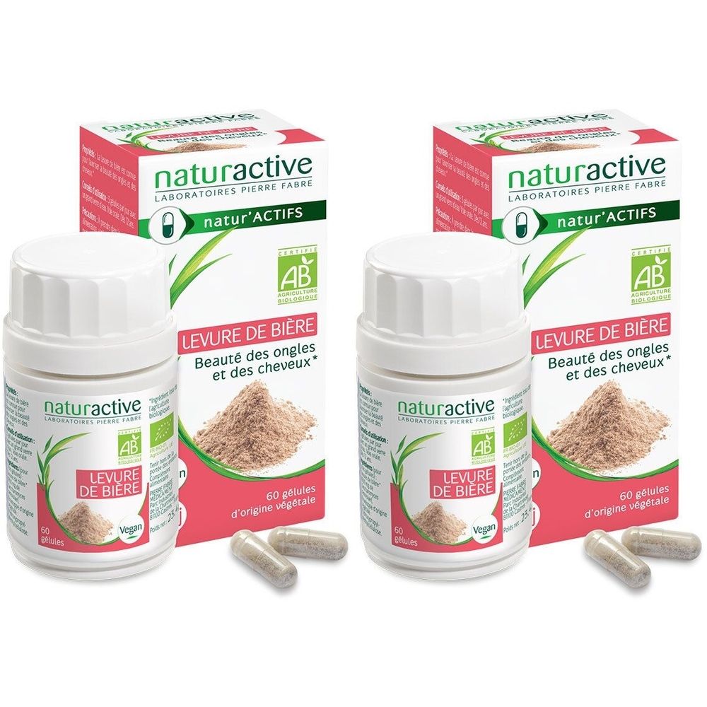 Deux flacons et deux boîtes de compléments alimentaires. Inscription : Levure de Bière, label AB, 60 gélules.