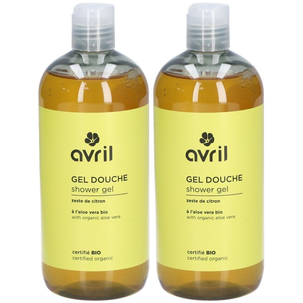 Zwei Flaschen Duschgel mit gelbem Etikett. Aufschrift: avril, GEL DOUCHE, Zeste de Citron, zertifiziert BIO.