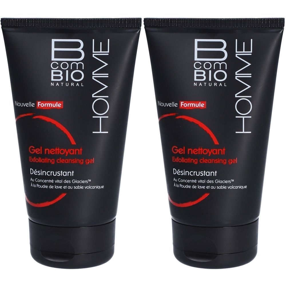 Zwei schwarze Tuben mit Produktbeschriftung. Aufschrift: B COM BIO NATURAL, HOMME, Gel nettoyant, Désincrustant.