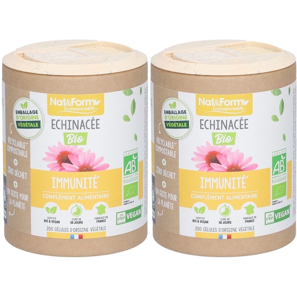 Zwei zylindrische Behälter mit Etiketten. Aufschrift: Nat&Form Échinacée Bio, Immunität, Nahrungsergänzungsmittel. Vegan-Siegel.