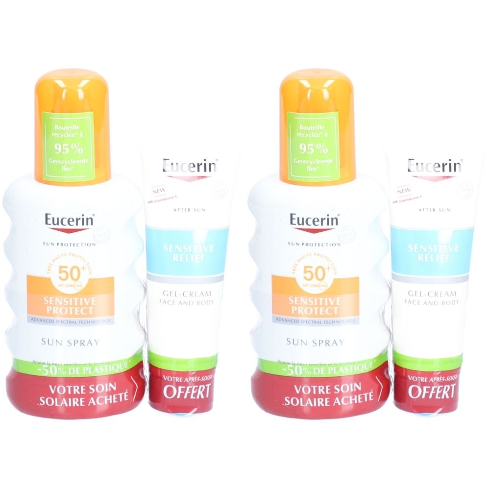 Deux sprays Eucerin SUN SENSITIVE PROTECT et deux Gel-crèmes SENSITIVE RELIEF. Inscription : SPF 50+, SUN SPRAY, et OFFERT.