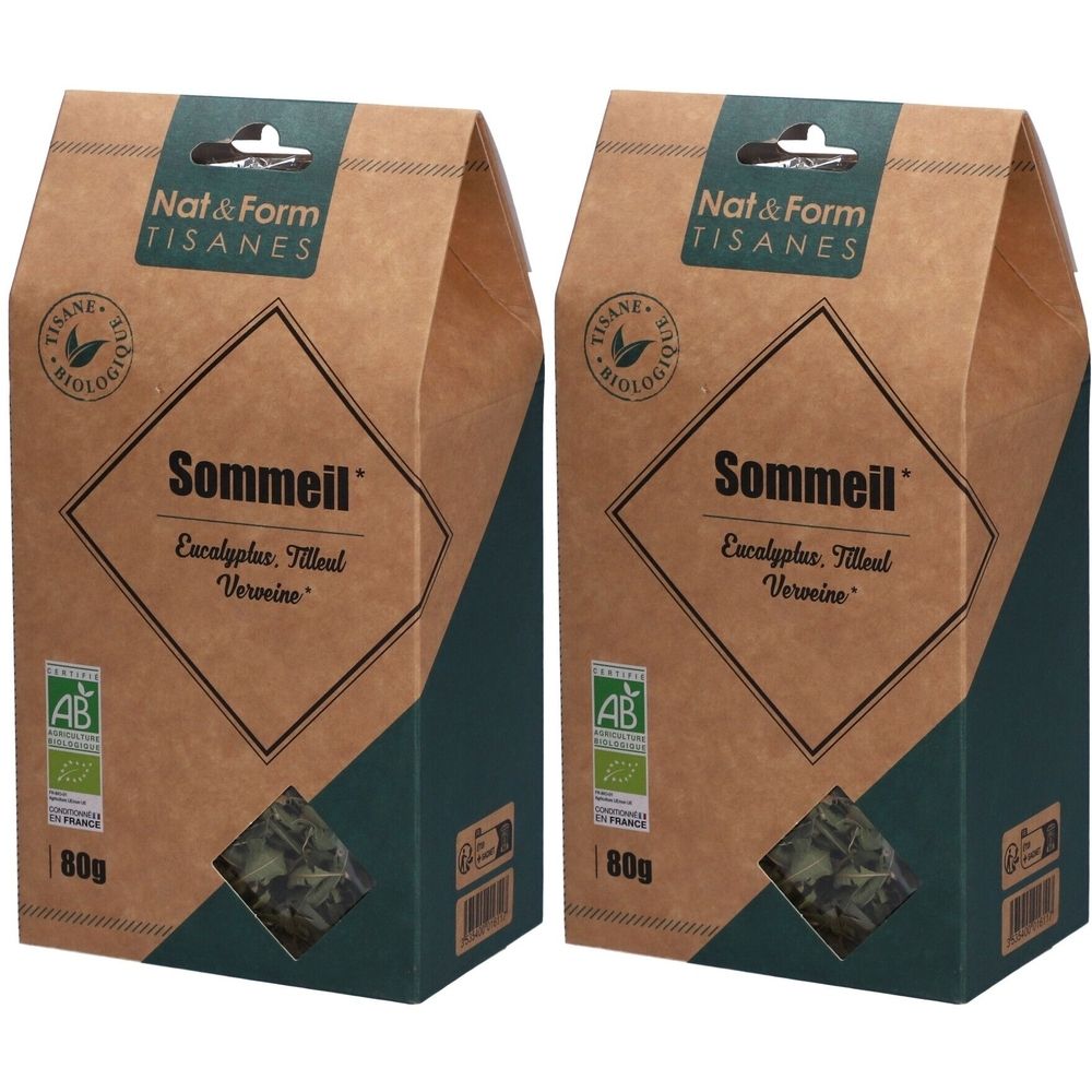 Zwei Beutel Nat&Form Tisane. Aufschrift: Sommeil, Eukalyptus, Tilleul, Verveine. Bio-Siegel. 80g.