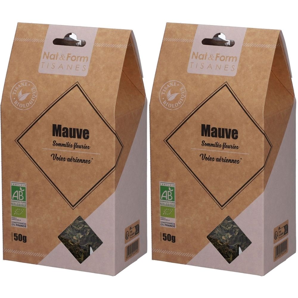Zwei braune Beutel mit der Aufschrift "Nat&Form Tisanes". Aufschrift "Mauve, Sommilis fleuries, Voies aériennes". AB-Bio-Siegel.