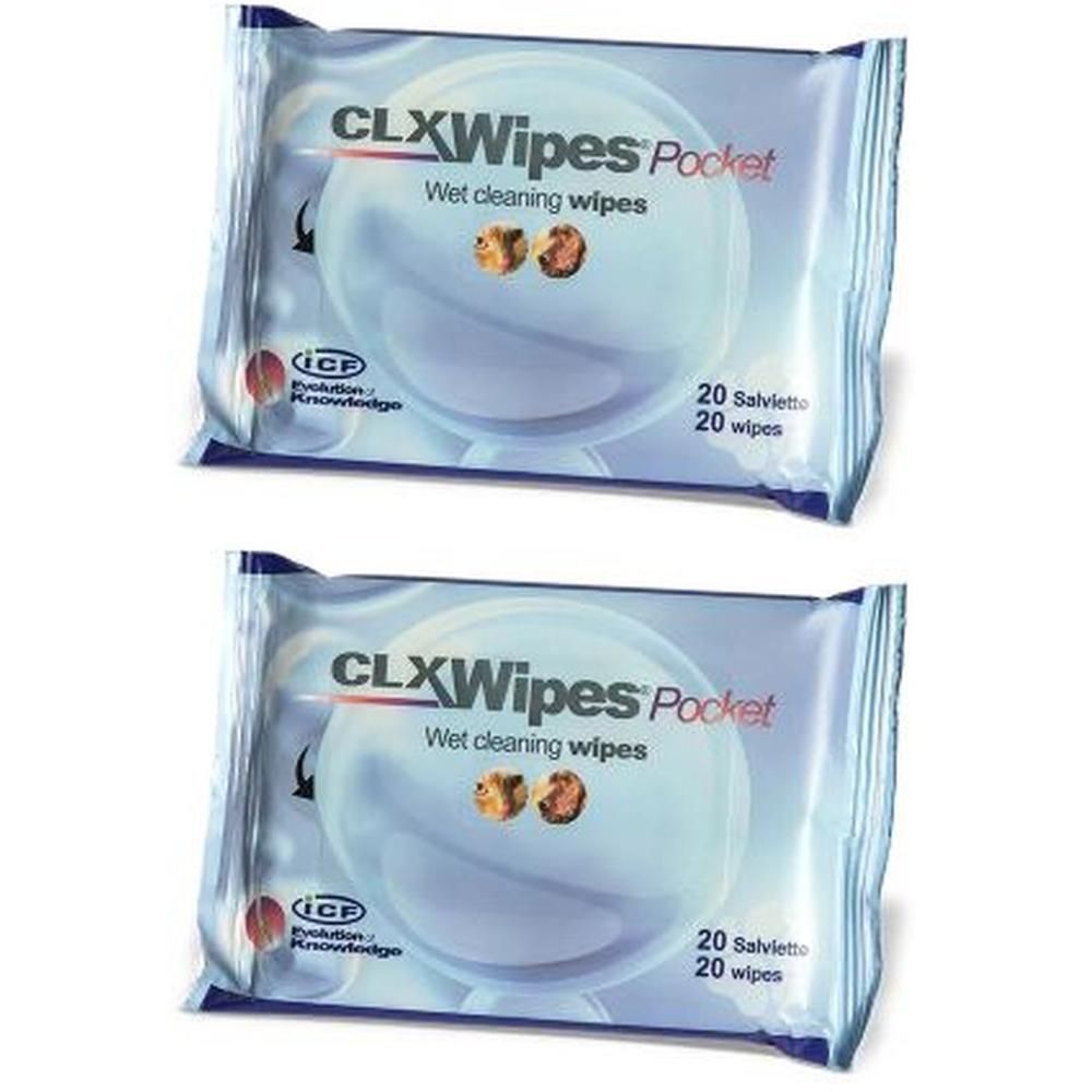 Deux paquets de lingettes humides CLX Wipes Pocket. Chaque paquet contient 20 lingettes. Inscription : Wet cleaning wipes.