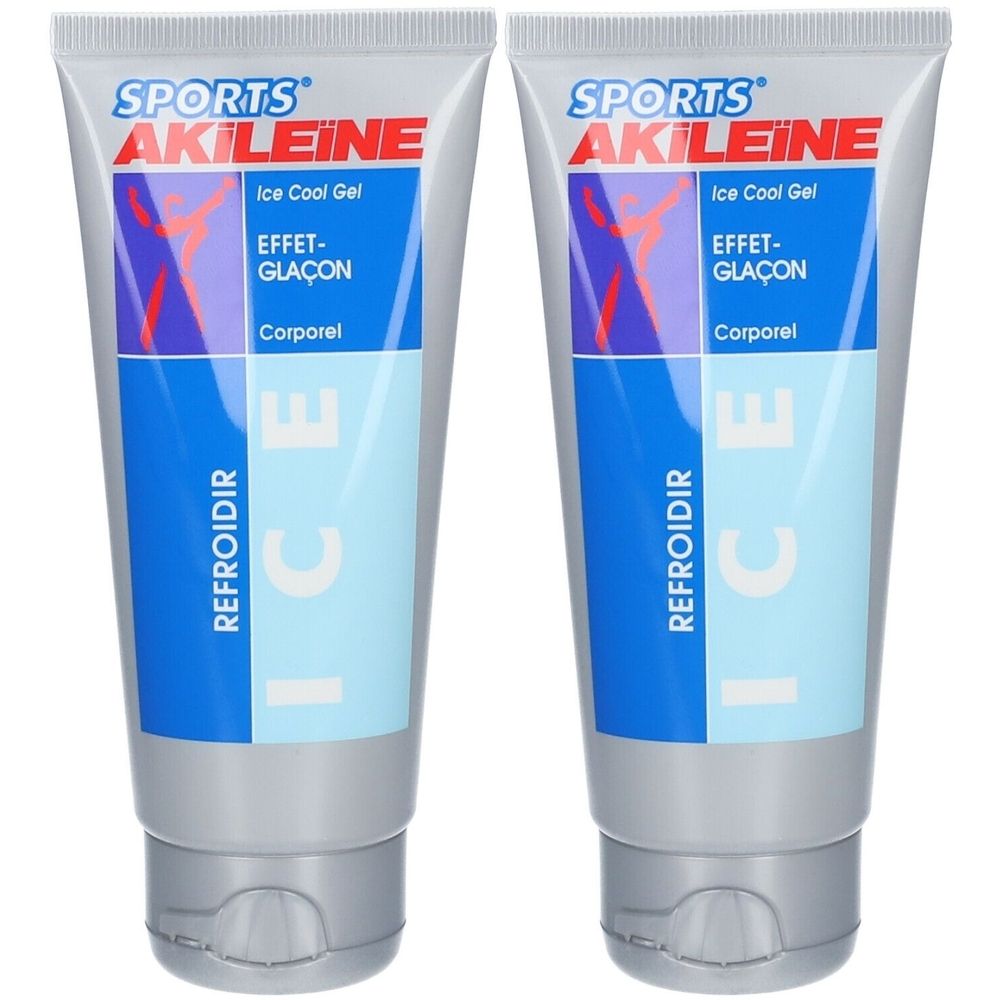 Zwei Tuben mit grauem Boden und weißem Deckel. Aufschrift: SPORTS AKILEINE, Ice Cool Gel, EFFET-GLAÇON, Corporel und ICE.