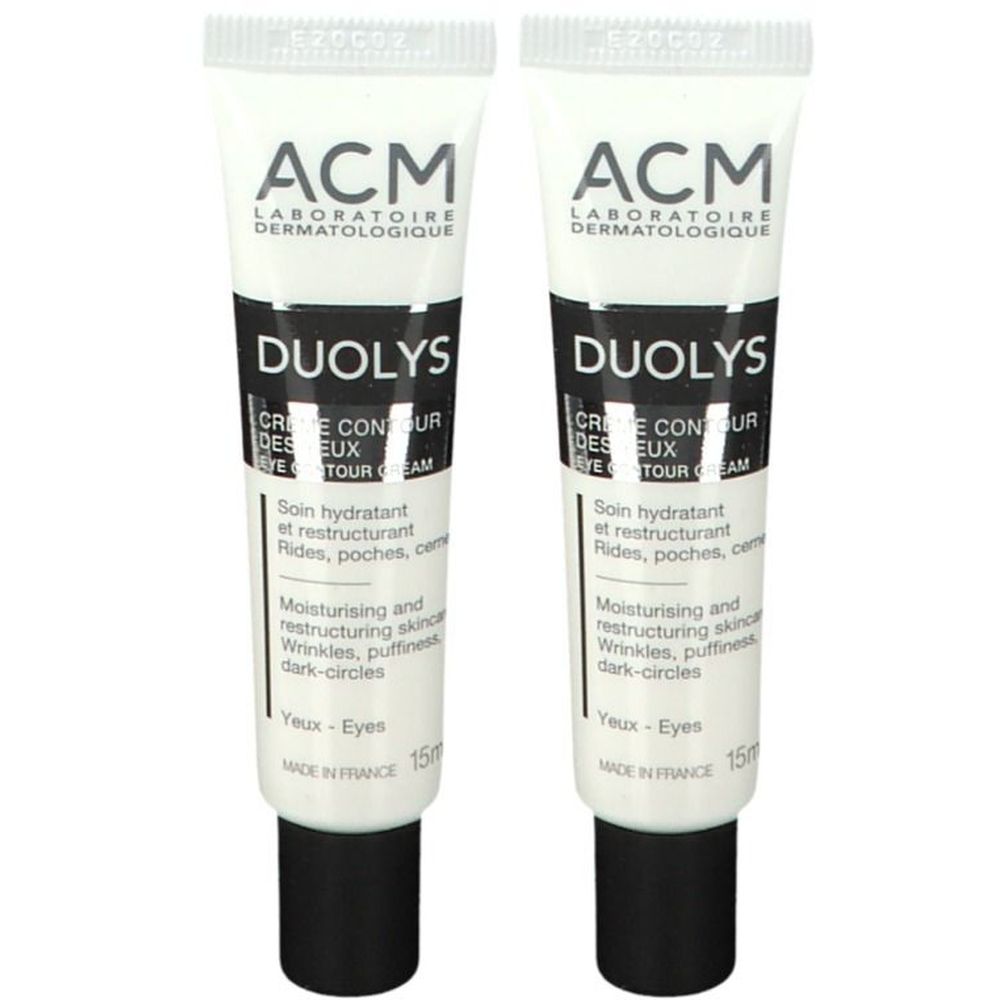 Deux tubes de crème pour les yeux ACM DUOLYS. Tubes blancs avec texte noir. Contient : « Crème Contour des Yeux » et « 15ml ».