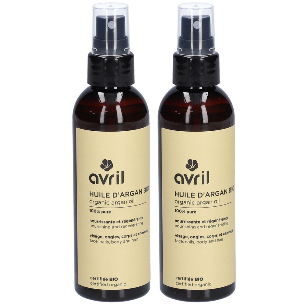 Zwei Flaschen Arganöl mit Sprühkopf. Aufschrift: Avril, Huile d'Argan Bio, 100% rein, zertifiziert Bio.