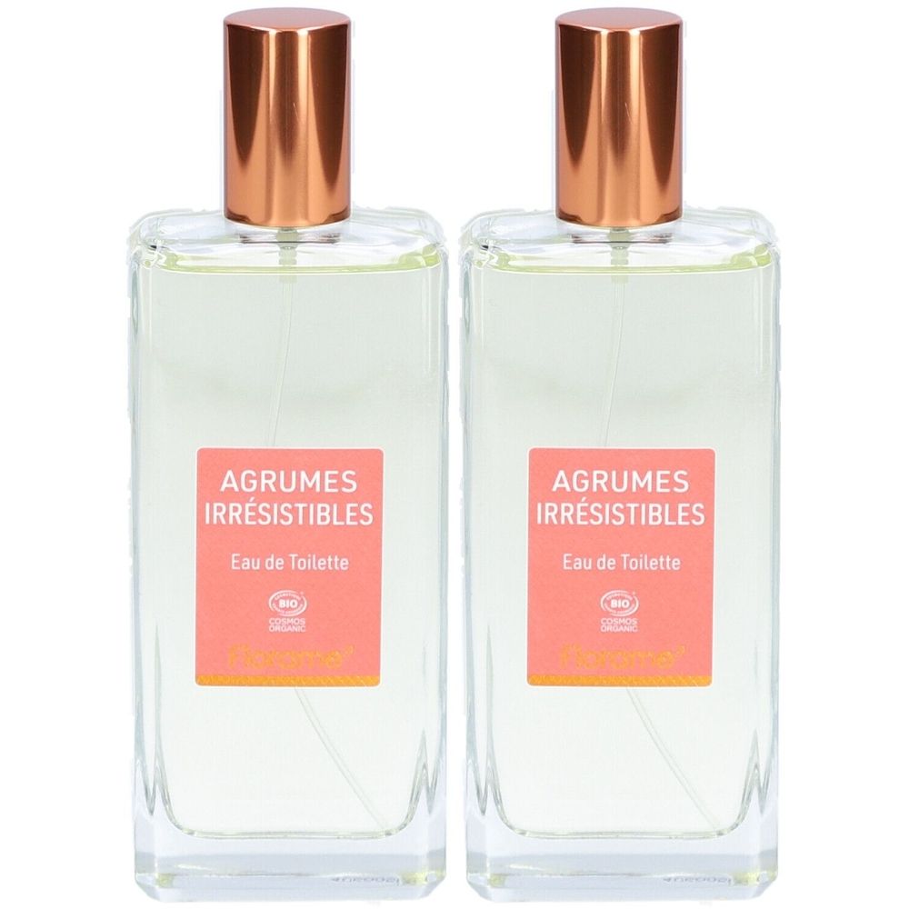 Zwei Glasflaschen mit Eau de Toilette, Etikett mit "AGRUMES IRRÉSISTIBLES".