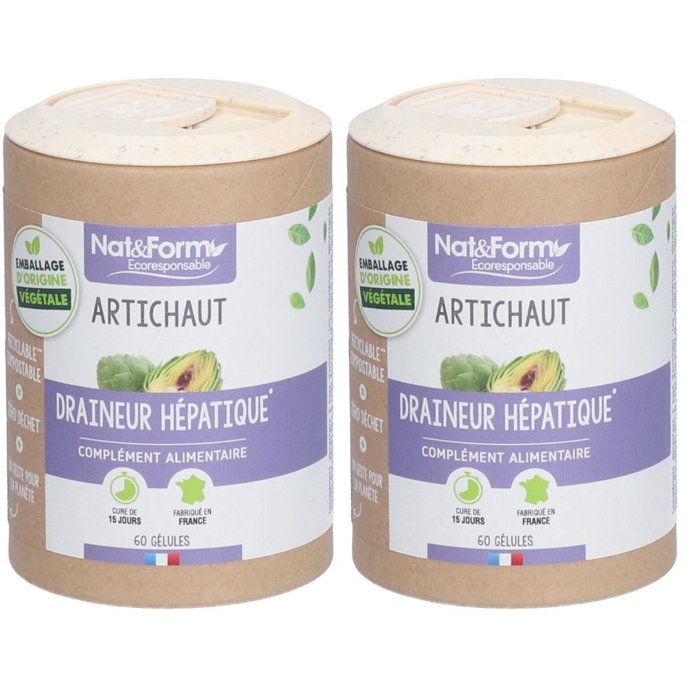 Deux boîtes cylindriques "Nat&Form Artichaut". Inscription "Draineur Hépatique" et "Complément Alimentaire". 60 gélules. Label "Fabriqué en France".