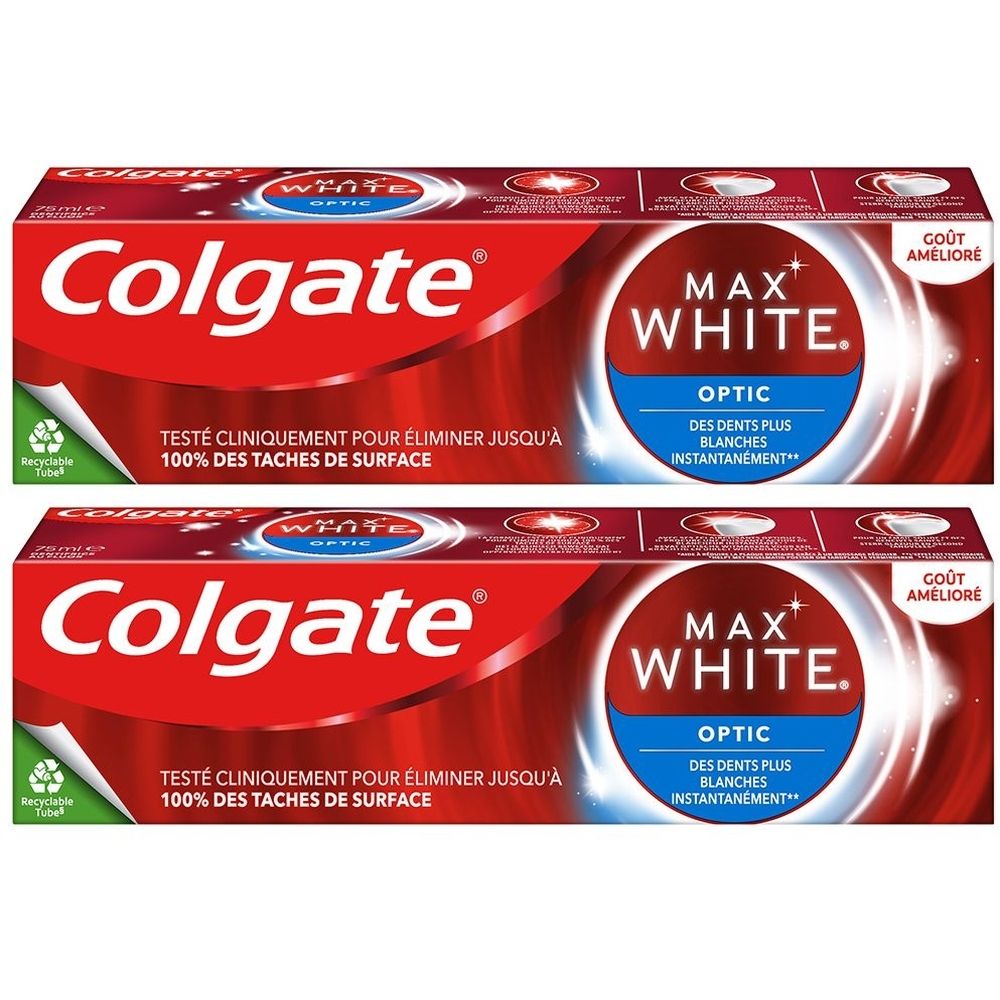 Deux tubes de dentifrice Colgate Max White Optic. Emballage rouge avec logo blanc. Texte: Testé cliniquement pour éliminer jusqu'à 100% des taches de surface.