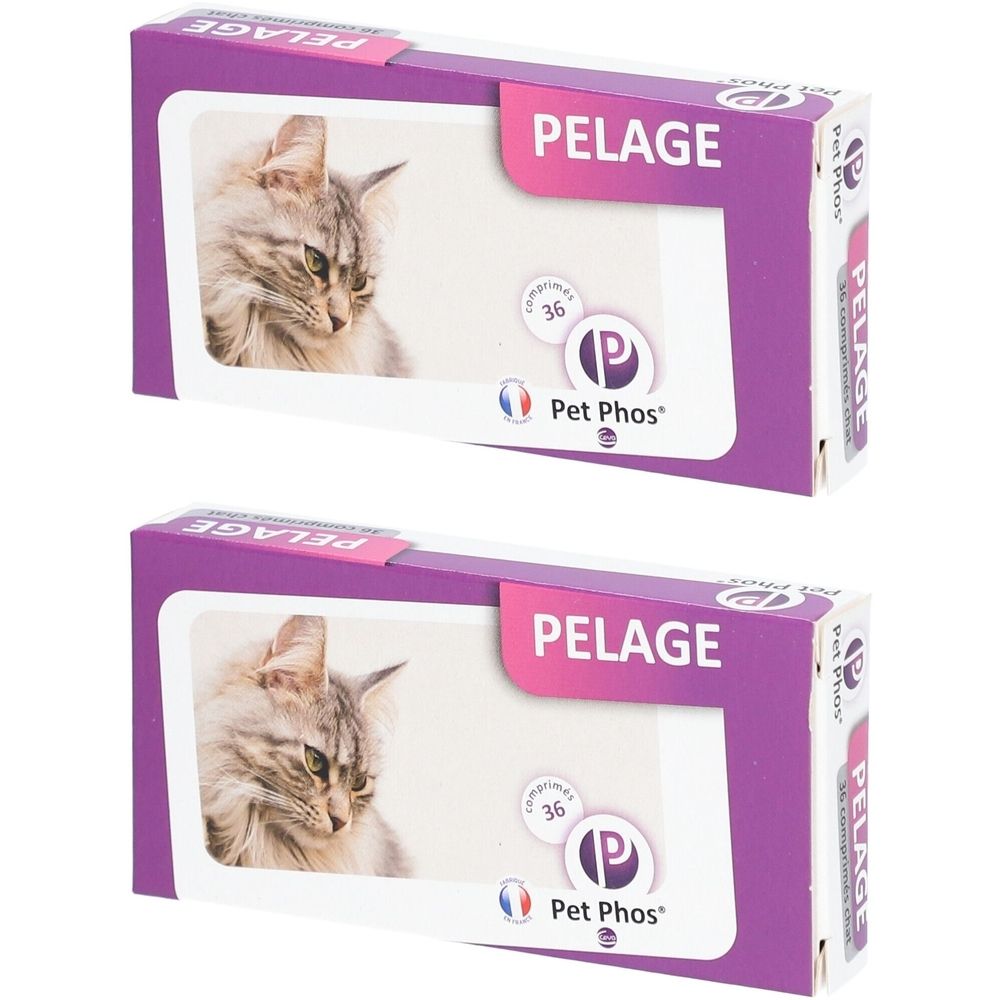 Zwei Packungen mit Produktabbildung einer Katze. Aufschrift "PELAGE" und "Pet Phos". Enthält 36 Tabletten.