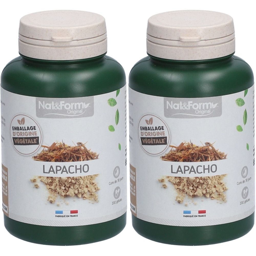 Zwei grüne Flaschen mit weißem Deckel. Auf dem Etikett steht "LAPACHO" und "Nat&Form". Verpackung aus pflanzlicher Herkunft.