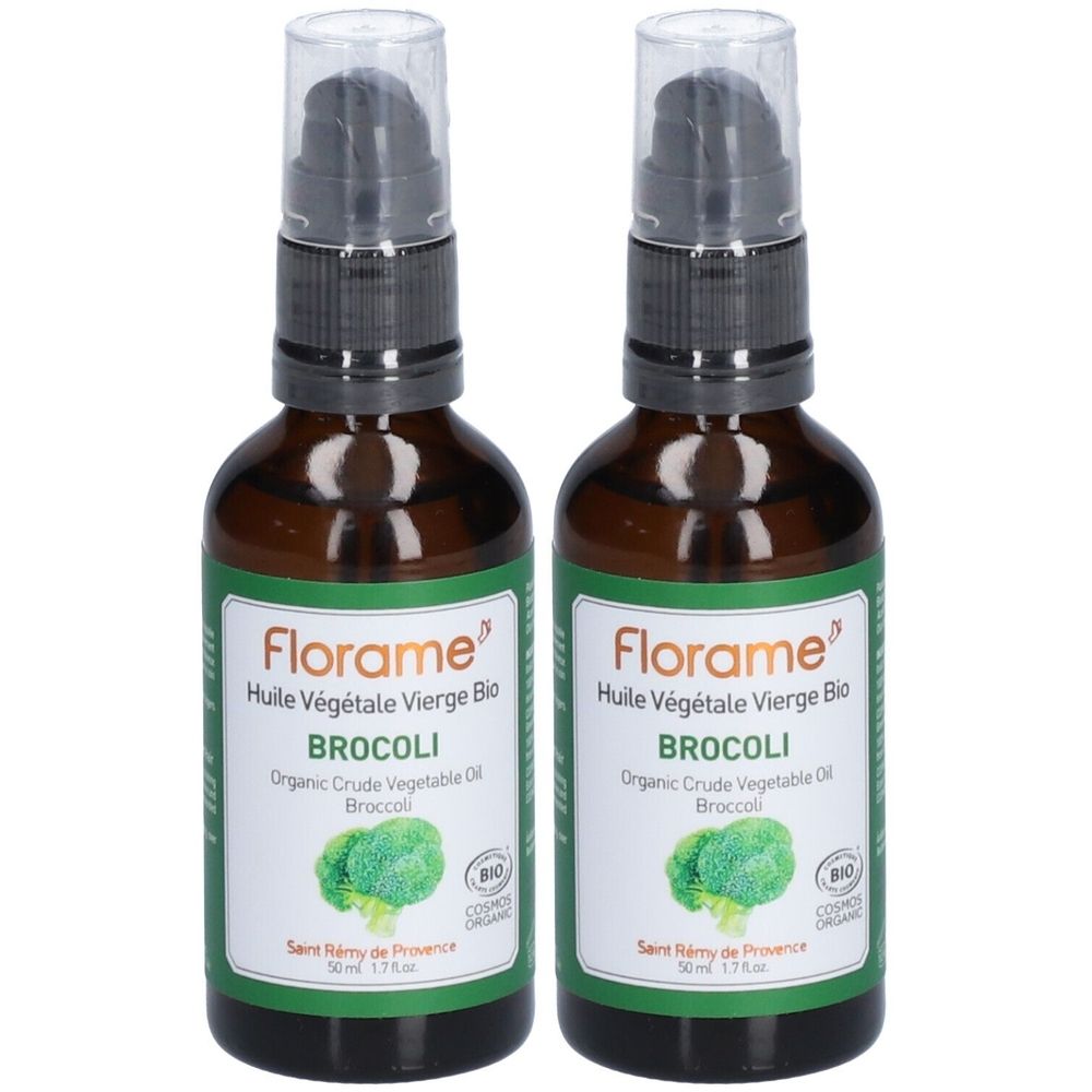 Deux flacons en verre brun avec pompe noire. Étiquettes avec "Florame" et "Brocoli". Certification bio.