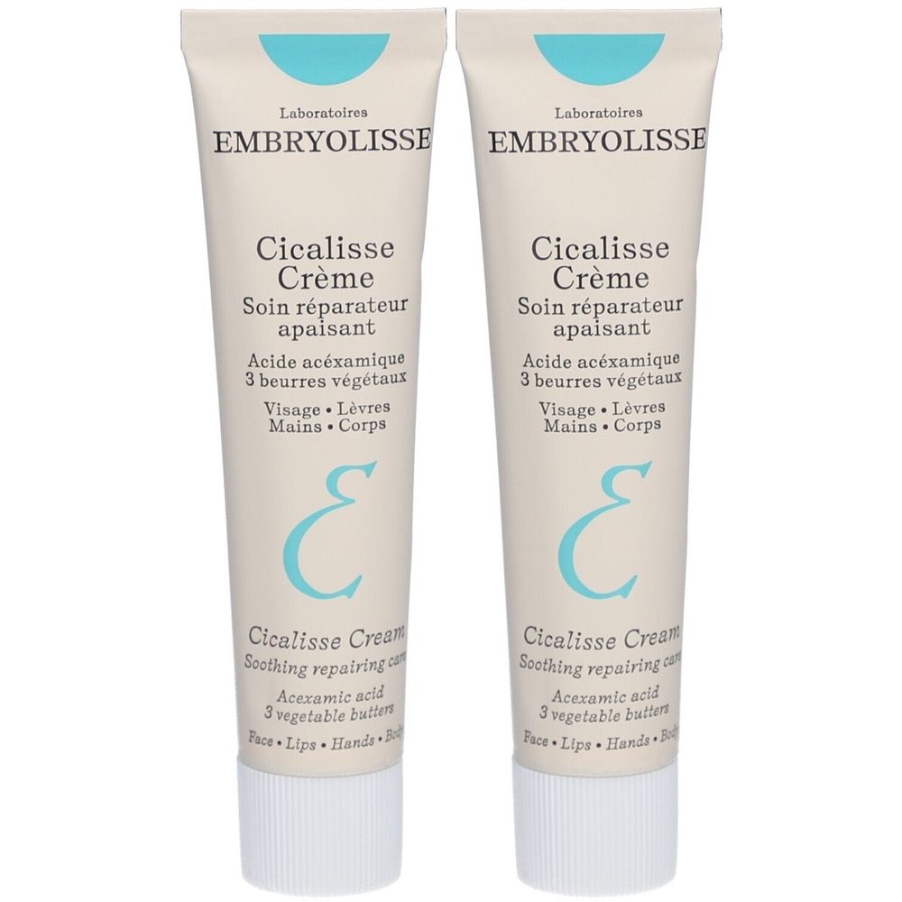 Deux tubes de Cicalisse Crème. Inscription: Embryolisse, Soin réparateur apaisant. Contient Acide acéxamique et 3 beurres végétaux.