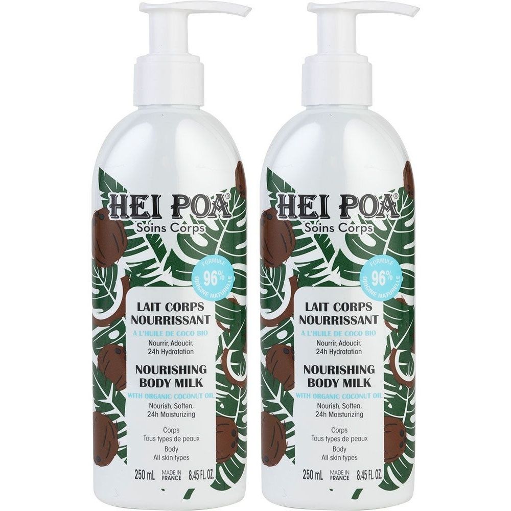 Zwei Flaschen Körperlotion mit Pumpverschluss. Aufschrift: HEI POA, Lait Corps Nourrissant, 96%.