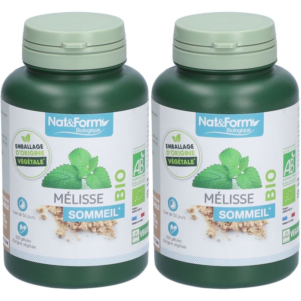 Deux flacons verts avec couvercles. Inscription: Nat&Form, Mélisse Sommeil, Bio. Emballage d'origine végétale. Certification AB.
