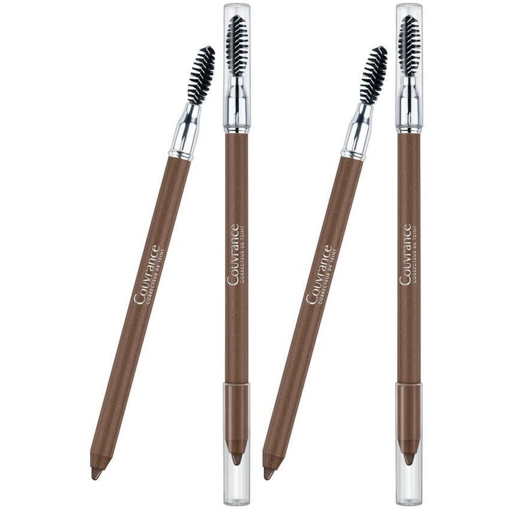 Quatre crayons pour les yeux et sourcils bruns avec brosse et capuchon transparent. Inscription: Couvrance.