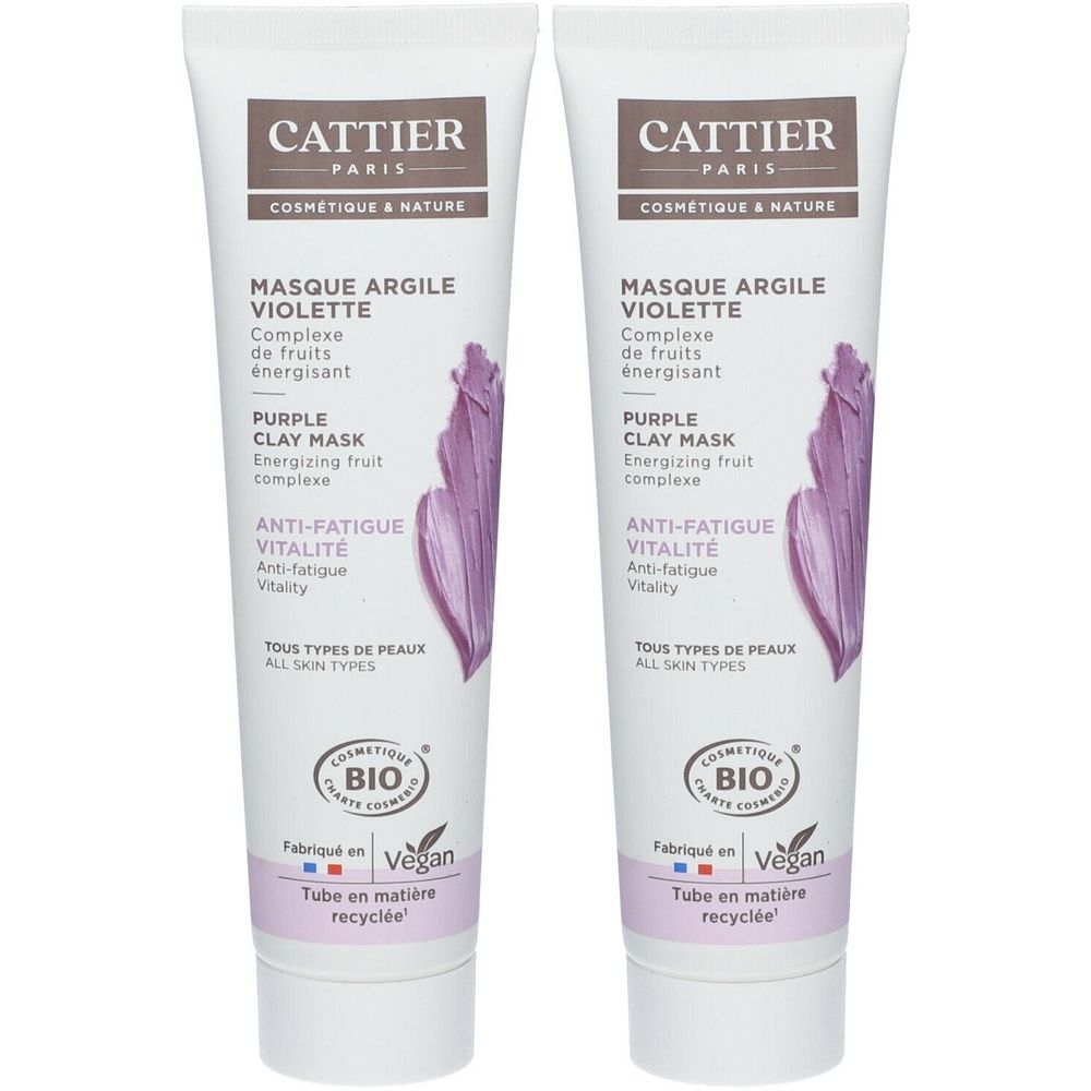 Zwei Tuben Gesichtsmaske mit lila Tonerde. Aufschrift: CATTIER PARIS, BIO, Vegan. Text: Masque Argile Violette, Anti-Fatigue Vitalité.