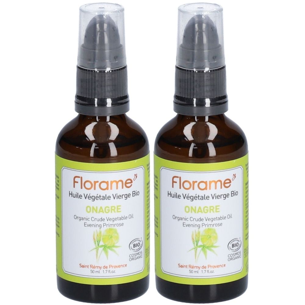 Zwei braune Glasflaschen mit Pumpaufsatz. Auf den Etiketten steht "Florame Huile Végétale Vierge Bio ONAGRE". Bio-Zertifizierung.