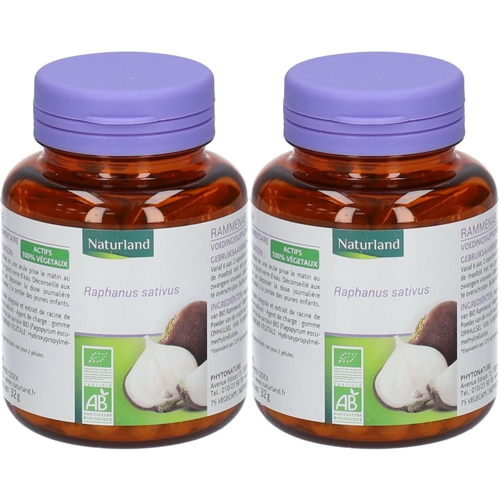 Zwei braune Flaschen mit lila Deckeln. Auf den Etiketten steht "Naturland", "Raphanus sativus" und ein Bio-Siegel. Abgebildet sind Radieschen.