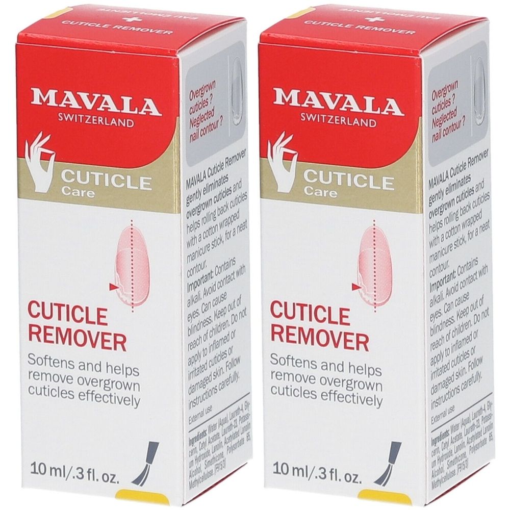 Zwei Schachteln mit "CUTICLE REMOVER" von MAVALA. Rote und weiße Verpackung mit Produktinformationen und Abbildung eines Nagels.