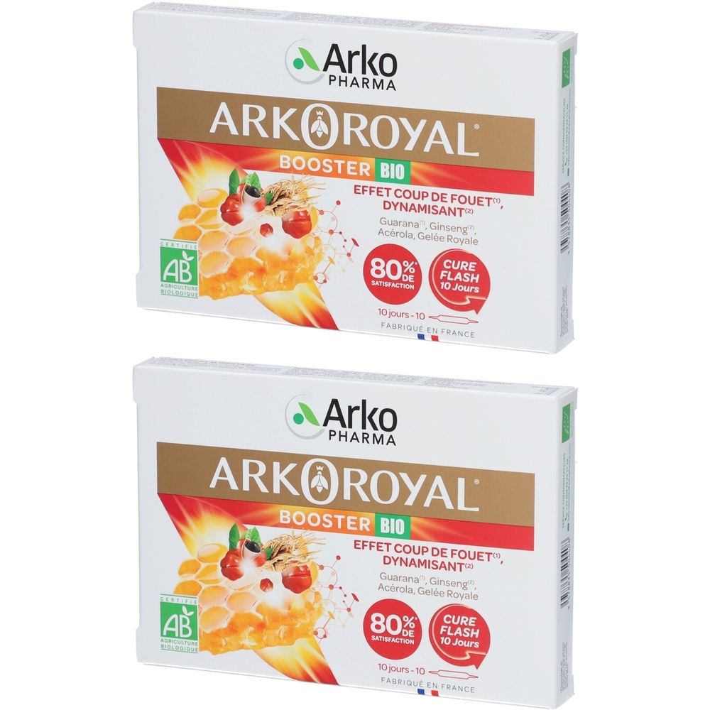 Zwei weiße Kartons mit Aufdruck. Aufschrift: Arko Royal Booster BIO. Enthält 80% Zufriedenheit. Mit AB-Bio-Siegel.