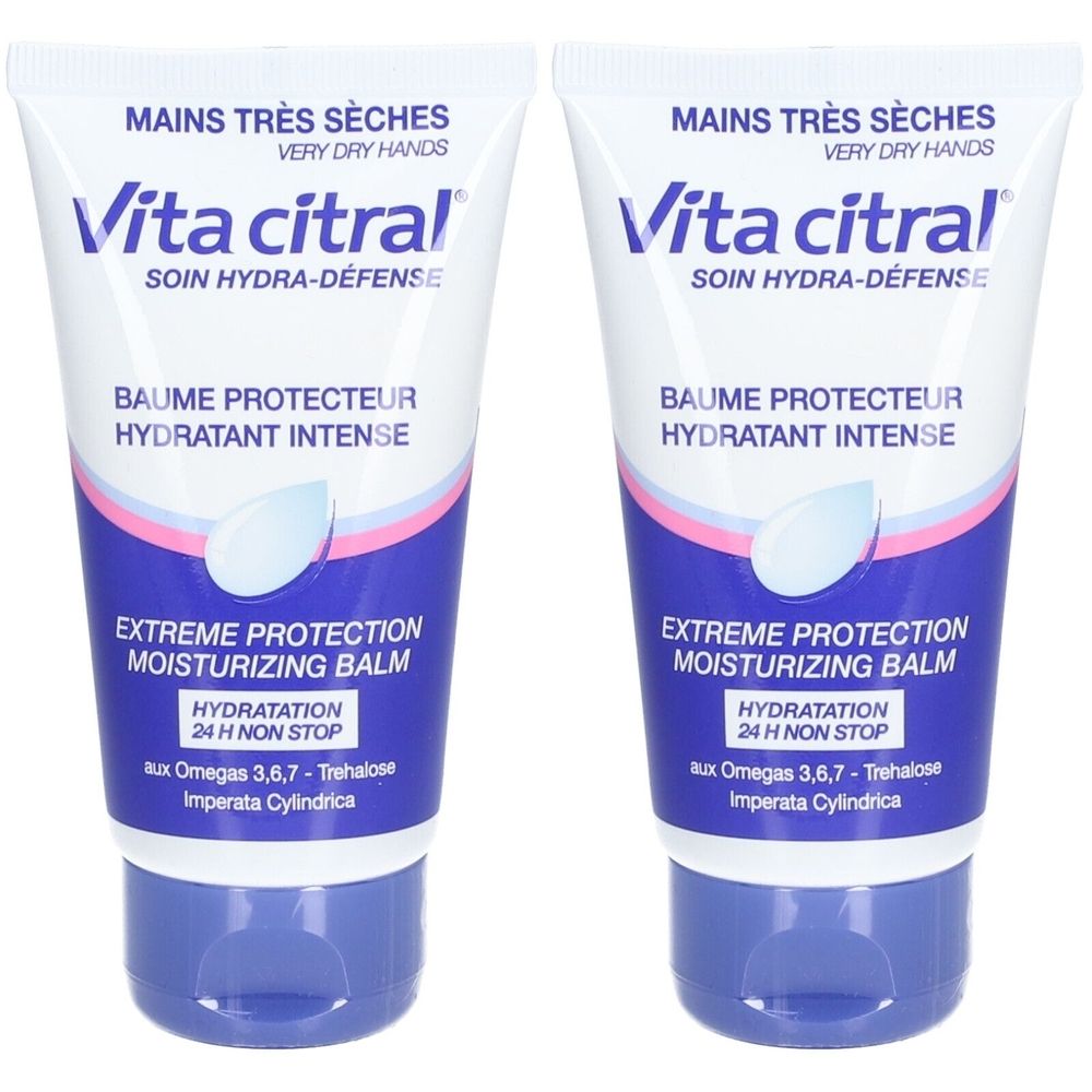 Deux tubes de baume pour les mains. Blanc, avec un design bleu et rose. Texte: Vita citral, Baume protecteur hydratant intense, Extreme Protection.