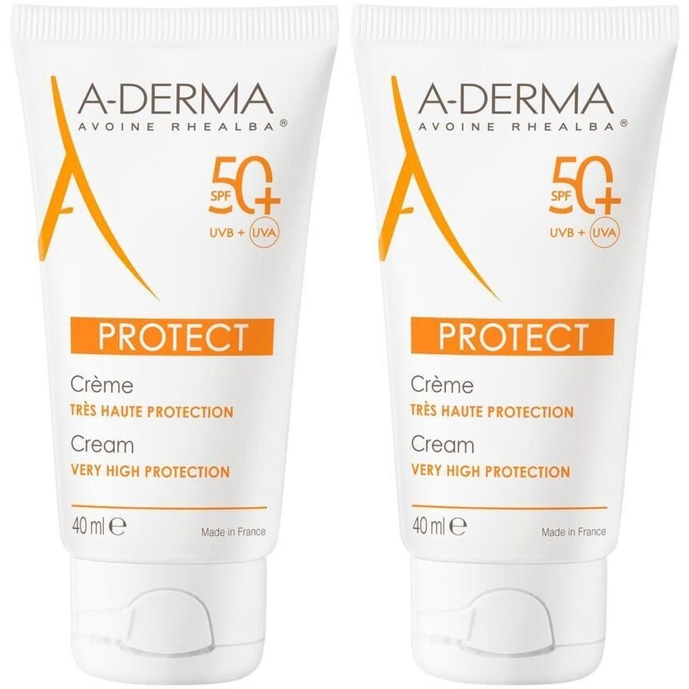Deux tubes de crème A-DERMA Protect SPF 50+. Tubes blancs avec accents orange. Texte: PROTECT, Crème, 40 ml.