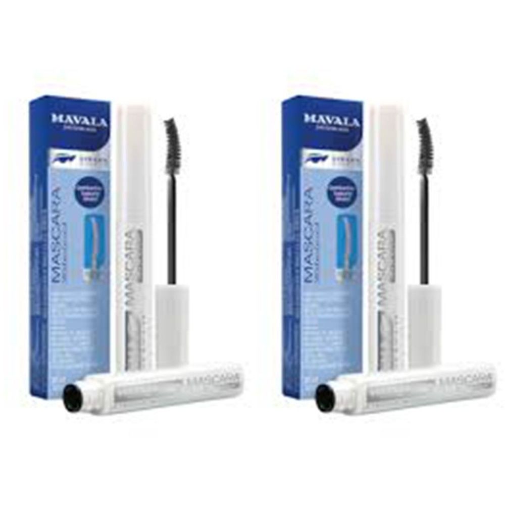Zwei Mavala Mascaras. Blaue Verpackung mit weißer Mascara-Tube und Bürste. Aufschrift: MASCARA.