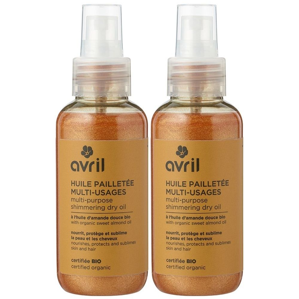 Deux flacons d'Huile Pailletée Multi-usages Avril. Huile scintillante dorée avec vaporisateur. Produit certifié bio.