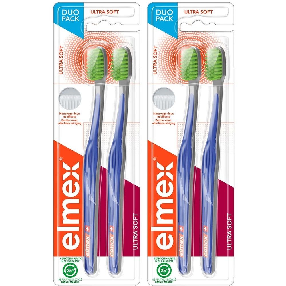 Deux brosses à dents dans un emballage duo. Manches bleus, poils verts. Marque: elmex. Inscription: ULTRA SOFT.