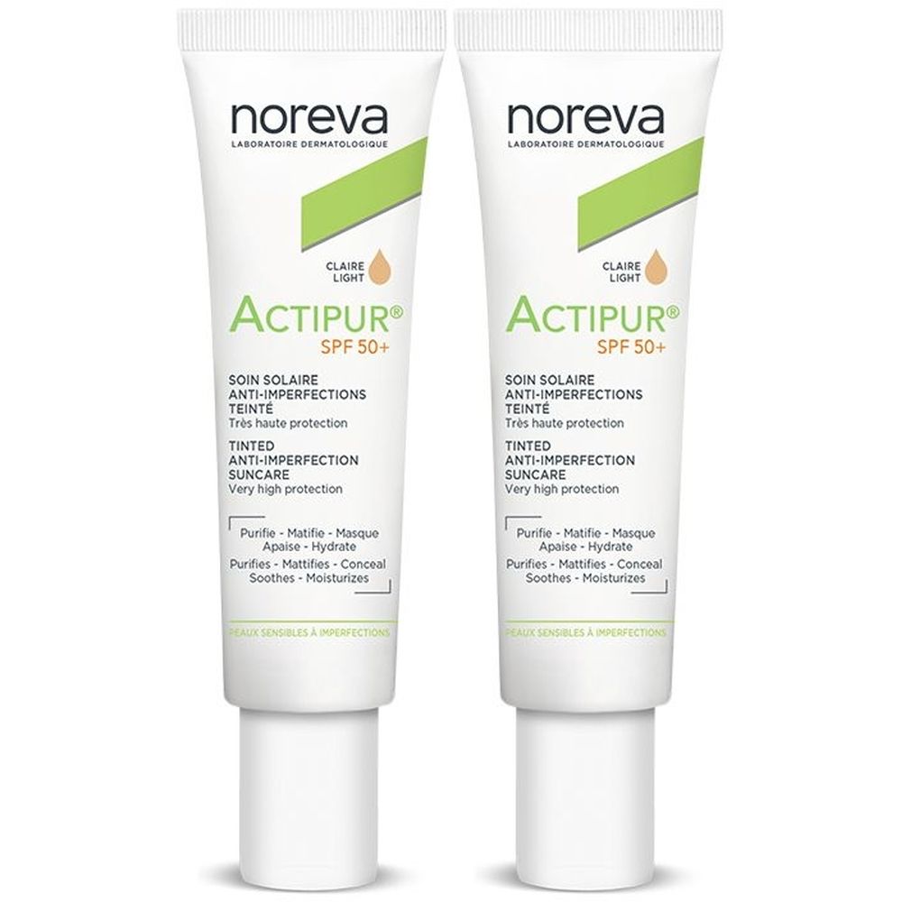 Deux tubes de Noreva Actipur SPF50+ Teinte Claire. Tubes blancs avec accents verts et jaunes. Texte : Actipur, SPF 50+, anti-imperfections.